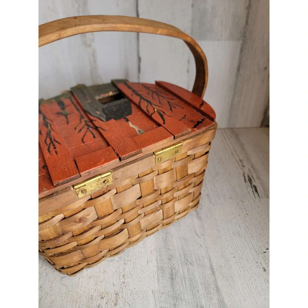 Unique vintage wooden trick or treat Halloween basket candy slot haunted house